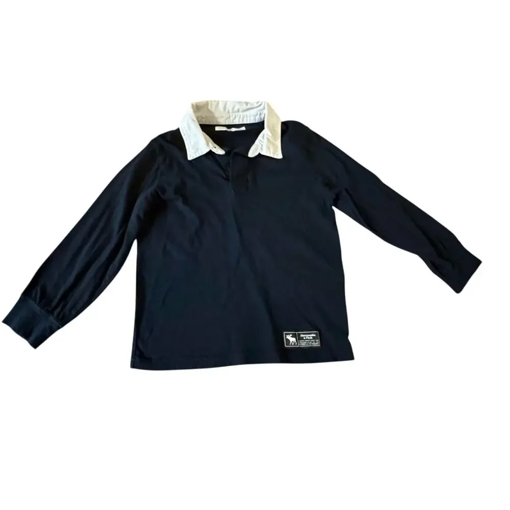 Abercrombie Kids Black Long Sleeve Cotton Tee with White Collar, Size 5/6 Preppy